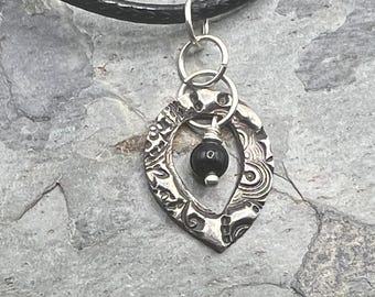 99.9% Fine Silver Asymmetrcial Teardrop Pendant with obsidian bead, Ready to ship