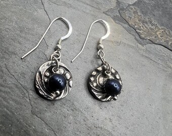 99.9% Fine Silver earrings with navy blue Swarovski Pearl accents. Ready to ship