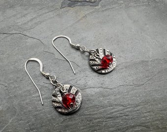 99.9% Fine Silver Earrings with red faceted Czech glass beads. Ready to ship
