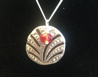 99.9% Fine Silver Pendant with faceted red Czech glass bead. Ready to ship