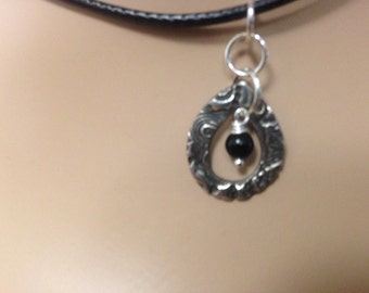 99.9% Fine Silver Asymmetrcial Teardrop Pendant with obsidian bead, Ready to ship