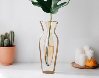 Gold Metal and Orange Tinted Glass Vase / Droplet Shaped Handblown Glass/ Metal Framed Vase / Tall Amphorra Silhouette