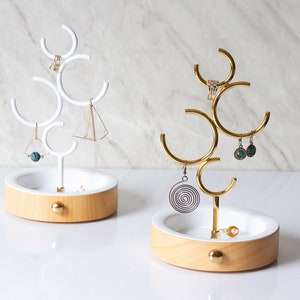 Gold and White Jewelry Holder / Metal Jewelry Organiser / Wooden Ring Stand / Multipurpose Container / Earring and Ring Display image 1