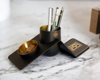 Brass and Matte Black Pen Holder / Brass Desk Organizer / Card Holder / Stationery Container / Office Set