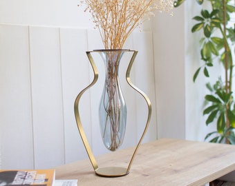 Gold Metal and Blue Tinted Glass Vase / Droplet Shaped Handblown Glass/ Metal Framed Vase / Wide Amphorra Silhouette