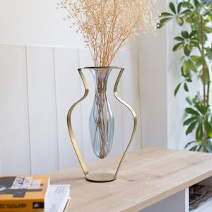 Gold Metal and Blue Tinted Glass Vase / Droplet Shaped Handblown Glass/ Metal Framed Vase / Wide Amphorra Silhouette image 1