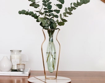 Gold Metal and Green Tinted Glass Vase / Droplet Shaped Handblown Glass/ Metal Framed Vase / Tall Amphorra Silhouette