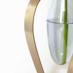 Gold Metal and Blue Tinted Glass Vase / Droplet Shaped Handblown Glass/ Metal Framed Vase / Wide Amphorra Silhouette image 4