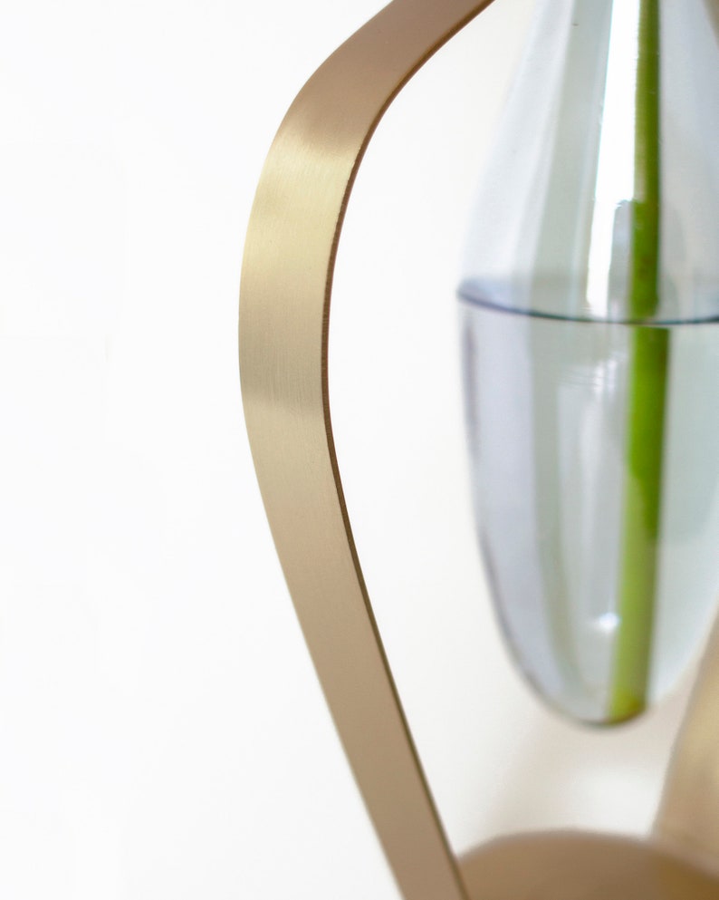 Gold Metal and Blue Tinted Glass Vase / Droplet Shaped Handblown Glass/ Metal Framed Vase / Wide Amphorra Silhouette image 4