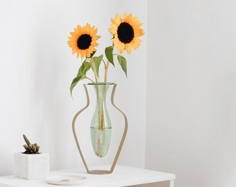 Gold Metal and Green Tinted Glass Vase / Droplet Shaped Handblown Glass/ Metal Framed Vase / Wide Amphorra Silhouette