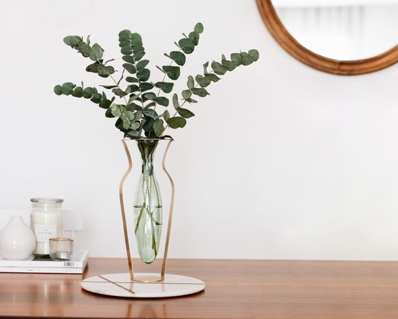 Droplet Hand Blown Glass And Brass Flower Vase Menta Green Etsy