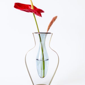 Gold Metal and Blue Tinted Glass Vase / Droplet Shaped Handblown Glass/ Metal Framed Vase / Wide Amphorra Silhouette image 2