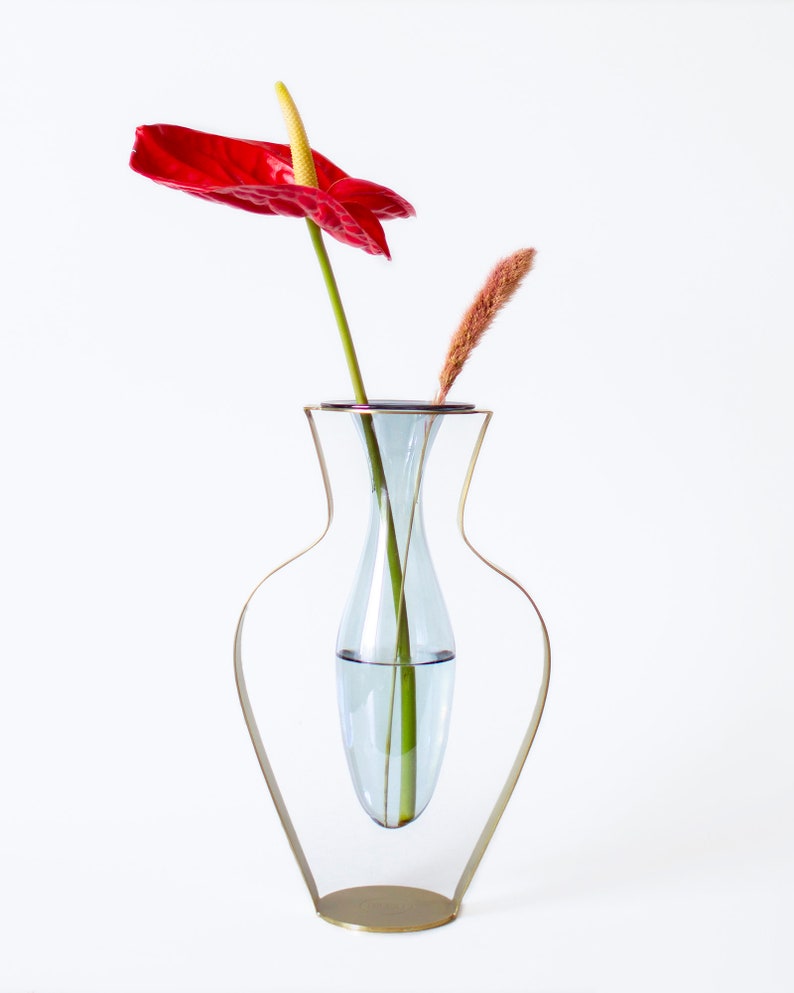 Gold Metal and Blue Tinted Glass Vase / Droplet Shaped Handblown Glass/ Metal Framed Vase / Wide Amphorra Silhouette image 2