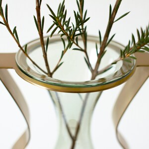 Gold Metal and Green Tinted Glass Vase / Droplet Shaped Handblown Glass/ Metal Framed Vase / Tall Amphorra Silhouette image 6