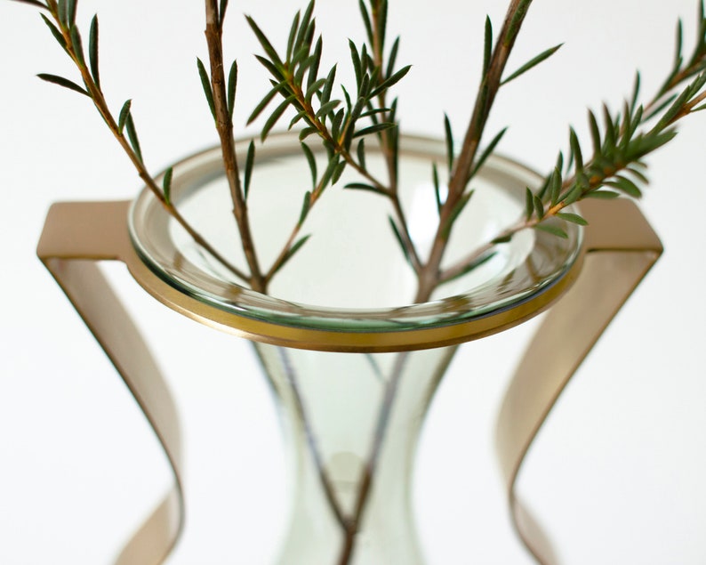 Gold Metal and Green Tinted Glass Vase / Droplet Shaped Handblown Glass/ Metal Framed Vase / Tall Amphorra Silhouette image 6