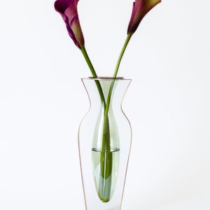 Gold Metal and Green Tinted Glass Vase / Droplet Shaped Handblown Glass/ Metal Framed Vase / Tall Amphorra Silhouette image 2