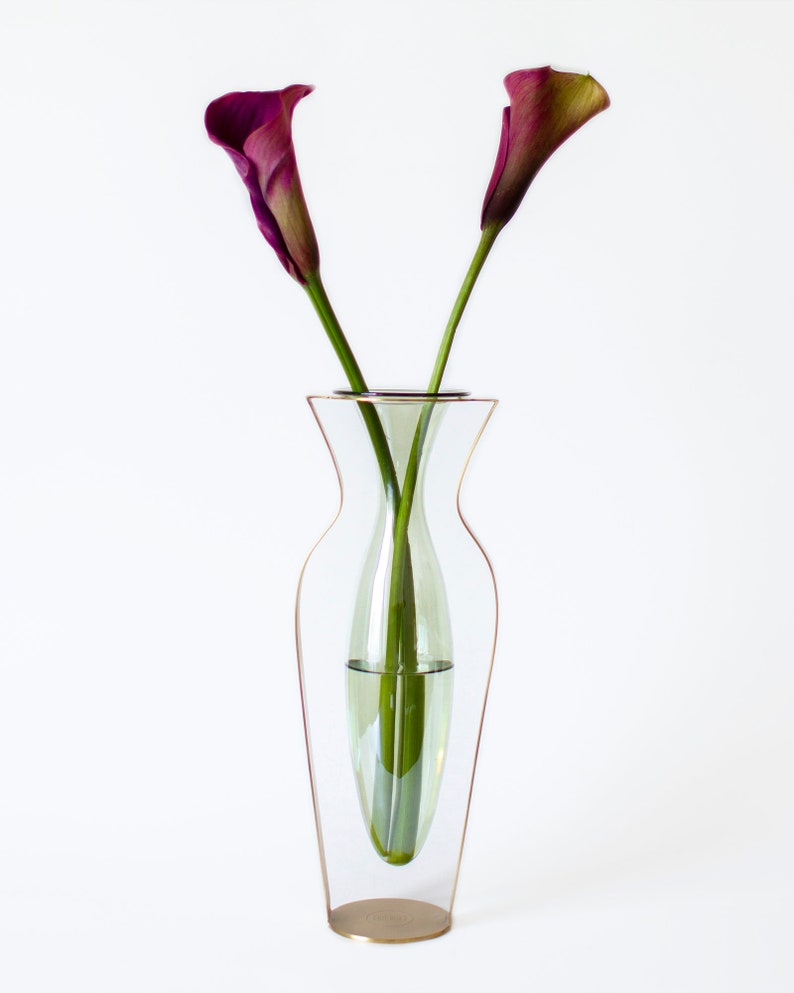 Gold Metal and Green Tinted Glass Vase / Droplet Shaped Handblown Glass/ Metal Framed Vase / Tall Amphorra Silhouette image 2