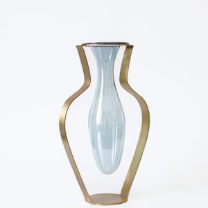 Gold Metal and Blue Tinted Glass Vase / Droplet Shaped Handblown Glass/ Metal Framed Vase / Wide Amphorra Silhouette image 3