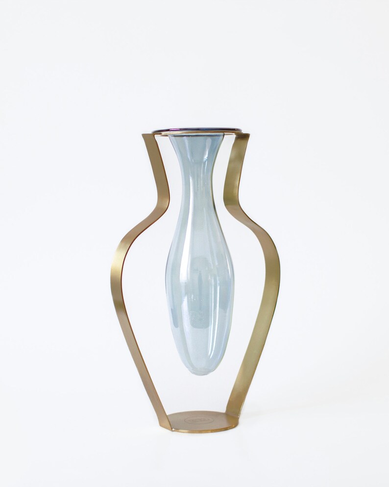 Gold Metal and Blue Tinted Glass Vase / Droplet Shaped Handblown Glass/ Metal Framed Vase / Wide Amphorra Silhouette image 3