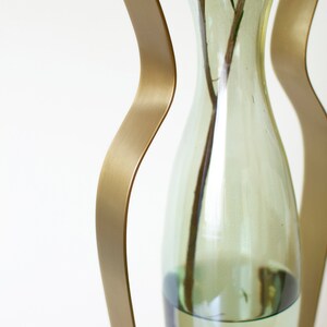 Gold Metal and Green Tinted Glass Vase / Droplet Shaped Handblown Glass/ Metal Framed Vase / Tall Amphorra Silhouette image 5