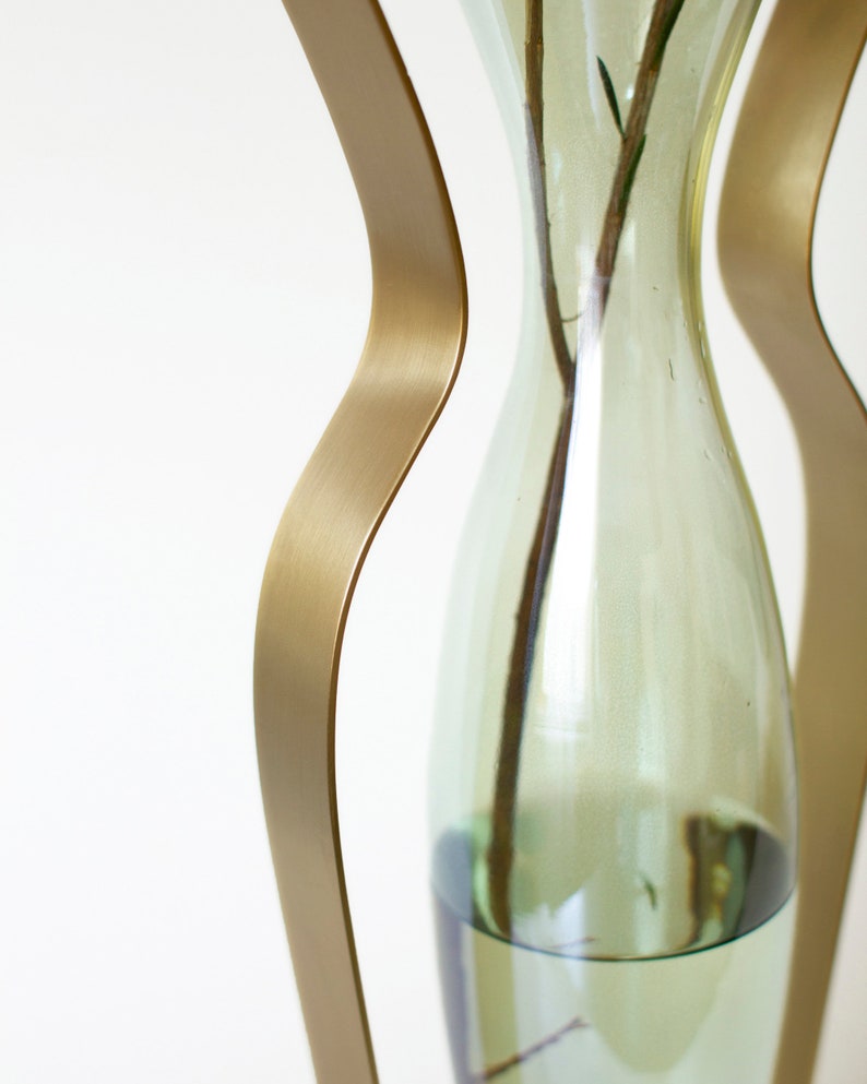 Gold Metal and Green Tinted Glass Vase / Droplet Shaped Handblown Glass/ Metal Framed Vase / Tall Amphorra Silhouette image 5