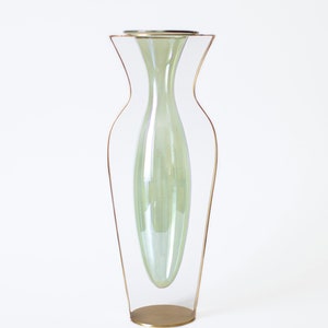 Gold Metal and Green Tinted Glass Vase / Droplet Shaped Handblown Glass/ Metal Framed Vase / Tall Amphorra Silhouette image 3