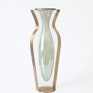 Gold Metal and Green Tinted Glass Vase / Droplet Shaped Handblown Glass/ Metal Framed Vase / Tall Amphorra Silhouette image 4