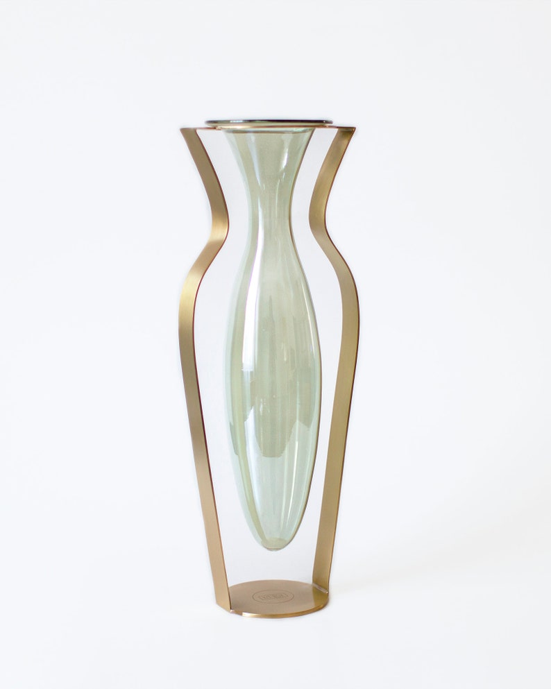 Gold Metal and Green Tinted Glass Vase / Droplet Shaped Handblown Glass/ Metal Framed Vase / Tall Amphorra Silhouette image 4