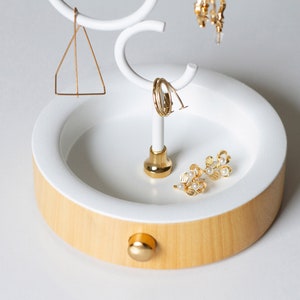 Gold and White Jewelry Holder / Metal Jewelry Organiser / Wooden Ring Stand / Multipurpose Container / Earring and Ring Display image 9