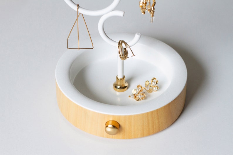 Gold and White Jewelry Holder / Metal Jewelry Organiser / Wooden Ring Stand / Multipurpose Container / Earring and Ring Display image 9