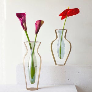 Gold Metal and Blue Tinted Glass Vase / Droplet Shaped Handblown Glass/ Metal Framed Vase / Wide Amphorra Silhouette image 8