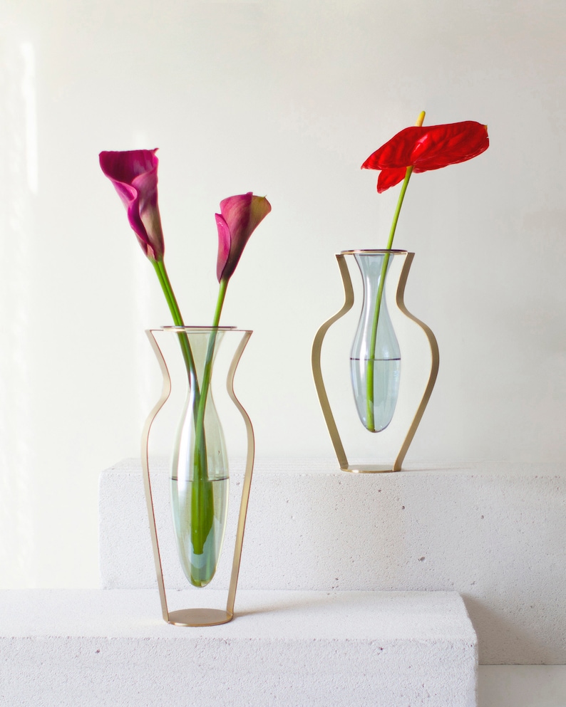 Gold Metal and Blue Tinted Glass Vase / Droplet Shaped Handblown Glass/ Metal Framed Vase / Wide Amphorra Silhouette image 8