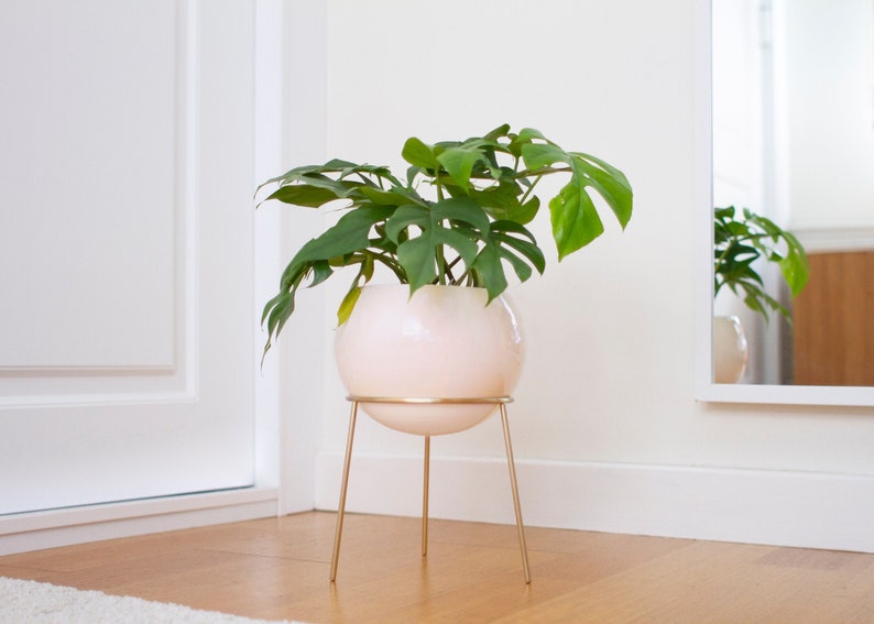 Nude Pink and Brass Metal Floor Planter / Metal Plant Pot / Brass Planter Stand / Gold and Pink image 2