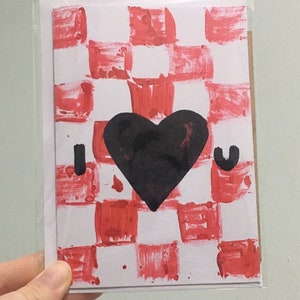Rot karierte "I <3 U" (Einzelling) A6 handgemachte Grußkarte - innen blanko für deine Nachricht
