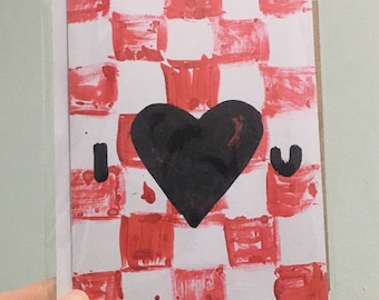 Red Checked "I <3 U" (one of a kind) A6 handmade greetings card - blank inside for your message
