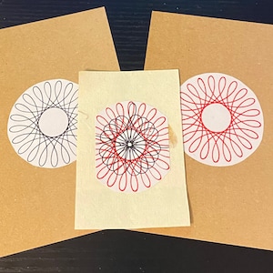 Trio van Spirograph zwarte en rode decoraties - label en handgemaakte ansichtkaarten op gerecyclede kaart / papier - blanco op de achterkant voor uw boodschap