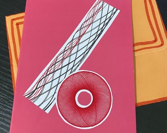 Pink, red and black Spirograph design handmade greetings card - blank inside for your message