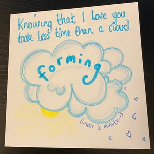 Amore che forma nuvole (unico nel suo genere) biglietto di auguri quadrato fatto a mano su biglietto bianco - vuoto all'interno
