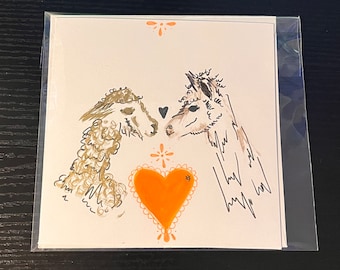 Orange Alpaca Love (one of a kind) square handmade greetings card - blank inside for your message