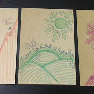 Trio de cartões postais inspiradores feitos à mão em cartão reciclado - em branco no verso para sua mensagem