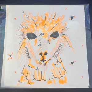 Orange Alpaca (one of a kind) square handmade greetings card - blank inside for your message