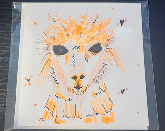 Orange Alpaca (one of a kind) square handmade greetings card - blank inside for your message