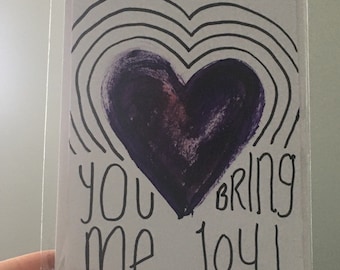 Purple “You Bring Me Joy” heart design (one of a kind) A6 handmade greetings card - blank inside for your message