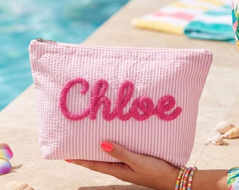 Personalized Name Cosmetic Pouch, Chenille Name Cosmetic Pouch, Travel Toiletry Bag, Organizer Cosmetic Gift for Her, Name Toiletry Bag