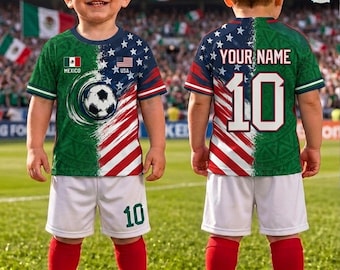 Personalized Half USA Half Mexico Soccer Kids Set, Soccer Fan Shirt & Shorts, Half USA Half Mexico Soccer Gift, Custom Name Number Kids Tee