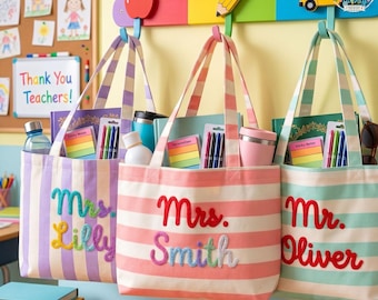 Personalized Teacher Name Tote Bag, Hand Crochet Name Bag, Teacher Appreciation Gift, End of Year Teacher Gift, Classroom Organizer Tote