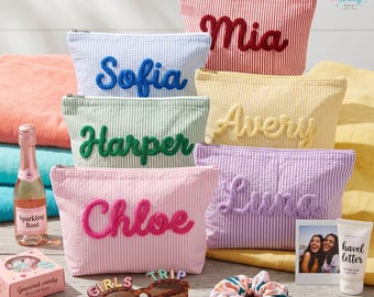 Personalized Seersucker Makeup Bag, Chenille Name Cosmetic Pouch, Travel Toiletry Bag, Organizer Cosmetic Gift for Her, Name Toiletry Bag