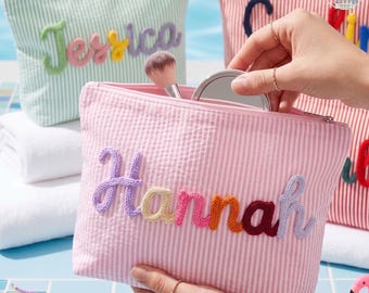 Custom Name Striped Multi Yarn Color Makeup Bag, Chenille Name Cosmetic Pouch, Travel Toiletry Bag Gift, Organizer Cosmetic Gift for Her