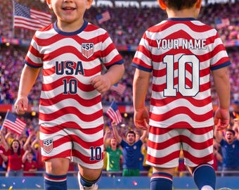 Personalized USA Soccer Kids Set, Custom Name Number Kids Tee, USA Football Fan Gift, USA Fan Shirt & Shorts for Boys, American Soccer Gift