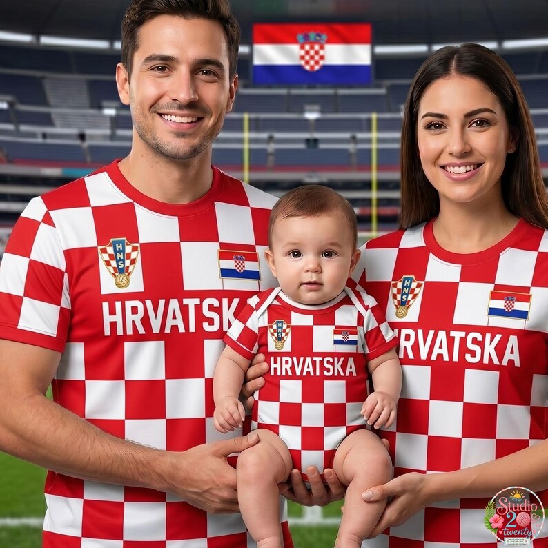 May include: Matching red and white checkered shirts and a baby bodysuit featuring the Croatian national emblem, the HNS logo, and the text HRVATSKA. The garments display a consistent red and white square pattern across the fabric.